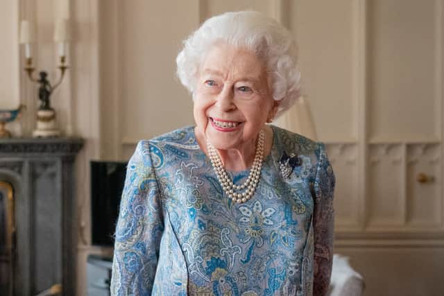 Queen Elizabeth II attends an audience with the President of Switzerland Ignazio Cassis (Not pictured) at Windsor Castle on April 28, 2022 in Windsor, England