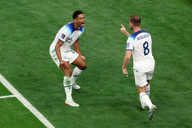 Jordan Henderson and Jude Bellingham celebrates after England took the lead against Senegal  (Photo by Alexander Hassenstein/Getty Images)