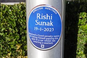 The 'blue plaque' commemorating Rishi Sunak's Fixed Penalty on Squires Gate Lane, Blackpool.