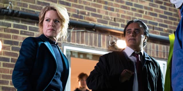 Sinéad Keenan as DCI Jessica James and Sanjeev Bhaskar as DI Sunny Khan in Unforgotten
