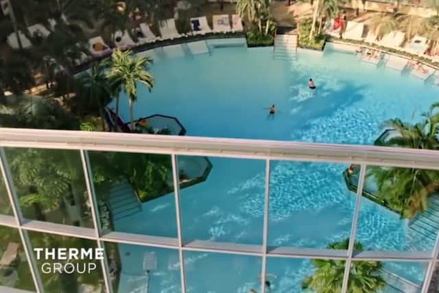 The resort, which will be the size of 19 football pitches, will include water slides, pools, wellness areas, saunas and swim up bars (Therme Manchester)