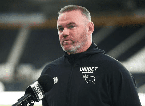 Wayne Rooney, manager of Derby County, is interviewed after the pre-season friendly match against Real Betis at Pride Park on July 28, 2021 in Derby, England. (Photo by Charlotte Tattersall/Getty Images)