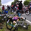 The entire pelaton came crashing down after a spectator reached out into the road with a placard (Photo: Getty Images)
