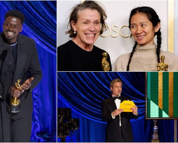 Daniel Kaluuya (left) won the Best Supporting Actor category; Chloé Zhao and Frances McDormand (top right) celebrate their wins for Nomadland; Brad Pitt announces the Best Supporting Actress winner (Photos: Getty Images)