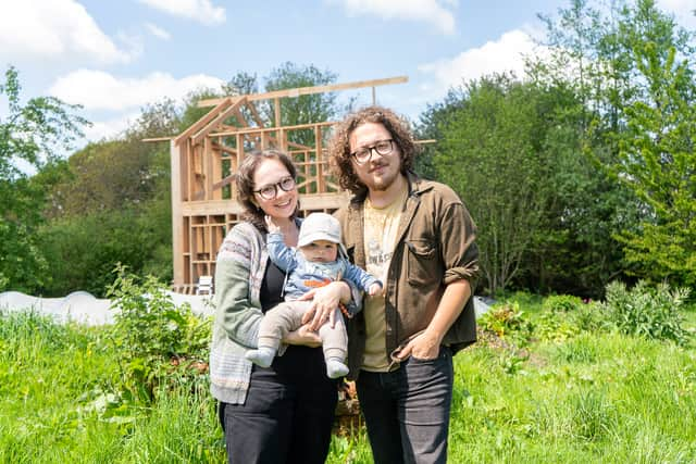 Guy, Viki and Baby Leon, Landmatters Permaculture Community, Devon as the young couple talk about their journey to off grid living.