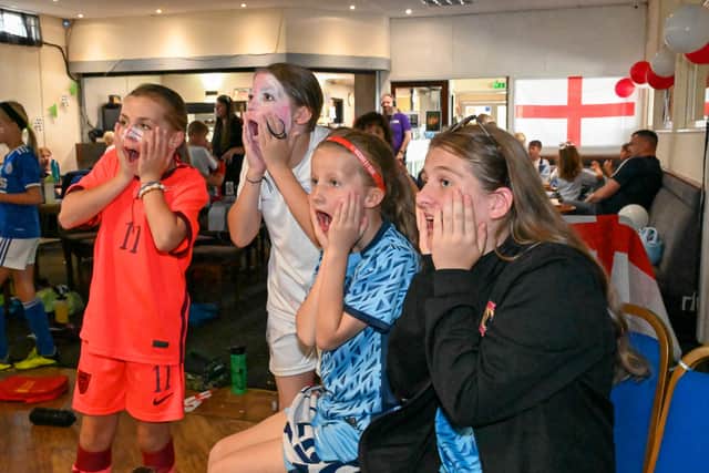 Wolverley Football Club 'The Swans' in Kidderminster take their summer camp teams to Wolverley Sports and Social Club in Kidderminster to watch England vs Australia in the semi-finals. Second Half. 2nd England goal celebrations.16th August 2023.