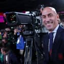 President of the Royal Spanish Football Federation Luis Rubiales (C) reacts at the end of the Australia and New Zealand 2023 Women’s World Cup final football match between Spain and England at Stadium Australia in Sydney on August 20.