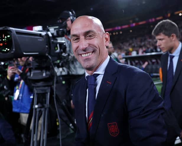  President of the Royal Spanish Football Federation Luis Rubiales (C) reacts at the end of the Australia and New Zealand 2023 Women’s World Cup final football match between Spain and England at Stadium Australia in Sydney on August 20.