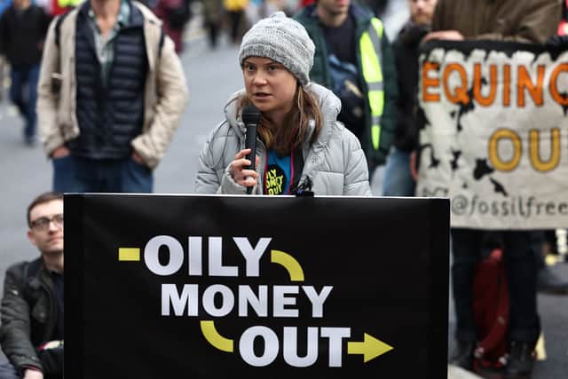 Greta Thunberg speaking outside the InterContinental London Park Lane. Credit: Henry Nicholls/AFP via Getty Images.