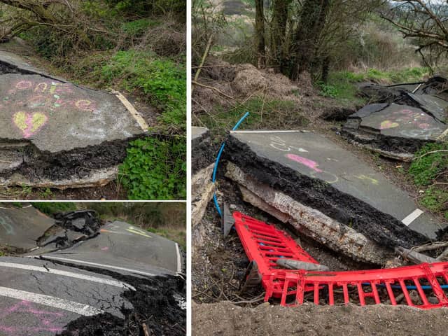 The B4069 in Wiltshire was left so badly damaged by a landslip it was closed to cars as it's still moving one year later. 