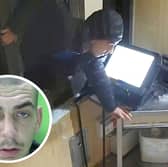 Scott Goulding, 24, was captured on CCTV climbing through a smashed window of the fast-food restaurant in Mansfield, Notts. He has been jailed for three years for the break-in and for an arson Picture: Nottinghamshire Police / SWNS 
