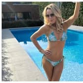 Amanda Holden is making the most of the spring weekend sunshine by enjoying time spent by her pool at her luxury mansion in Surrey. 