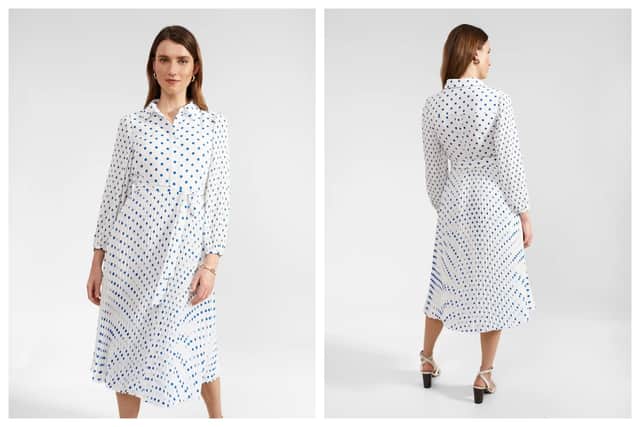 This Hobbs, Polka Dot Tie Waist Midi Shirt Dress, £169, is white and blue, and has a very fresh feel to it.