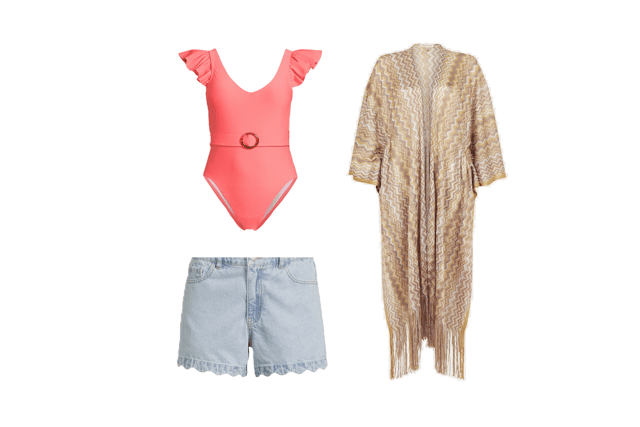 Match this stylish swimming costume with scalloped shorts and a boho kafkan for the perfect transition from the pool to the bar