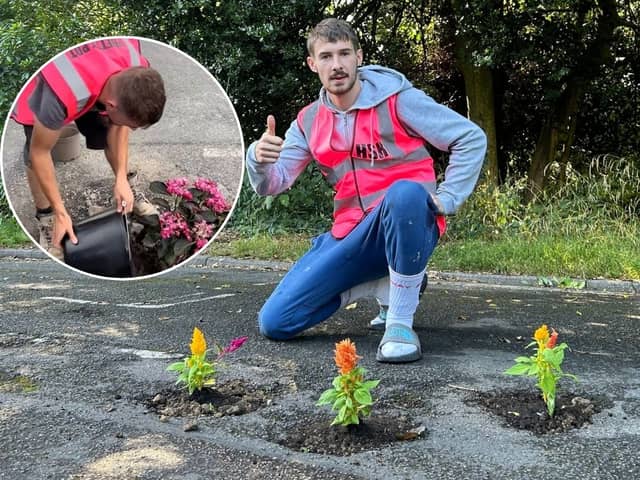 West Sussex landscaper Harry Smith-Haggett, 22, has been filling in Horsham's potholes with flowers dubbed 'pretty potholes'. 