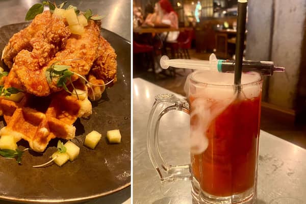 The Alchemist's Chicken & Waffles and Red Dead Zombie cocktail from its ICONS brunch (Photo: Holly Allton)