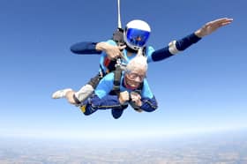 Manette Baillie, from Benhall in Suffolk, does a tandem skydive at the age of 102.