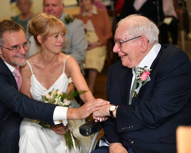 Henry Clayton at the wedding blessing with daughter Fiona Butler-Clayton and her husband.