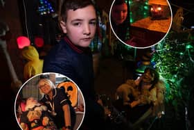 Bailey Wood has done his house up for Halloween, to raise money for Brian House Children's Hospice (inset)