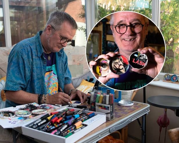 Mark Taylor, a retired art teacher, paints music-themed portraits and album sleeves onto old tin lids and leaves them for gig-goers to take at Waterloo Music Bar.