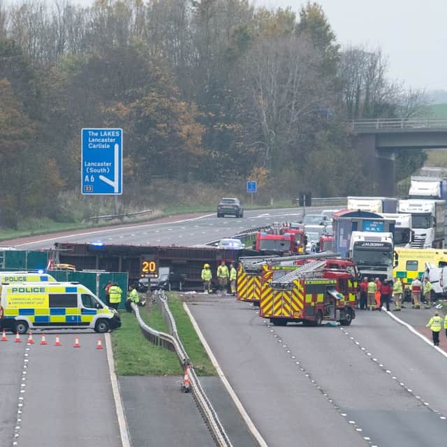 The M6 was closed a after lorry crashed through the central reservation near Preston