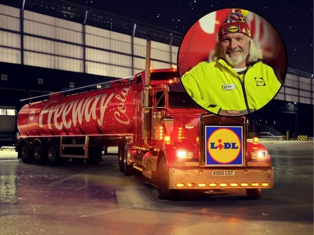 ‘Nick’ brings the Lidl cola truck to life. He is seen ticking off his list and loading up present boxes, in the Christmas ad campaign.