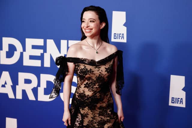 US actress Mikey Madison poses on the red carpet upon arrival at 27th British Independent Film Awards Awards at the Roundhouse in London on December 8, 2024.