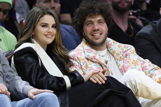 Actress and singer Selena Gomez with music producer Benny Blanco at an Los Angeles Lakers NBA basketball game in January 2024 