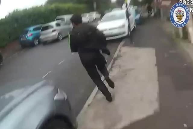 This is the dramatic moment two student police officers chased down a rapist in the street after he attacked a woman in a park.