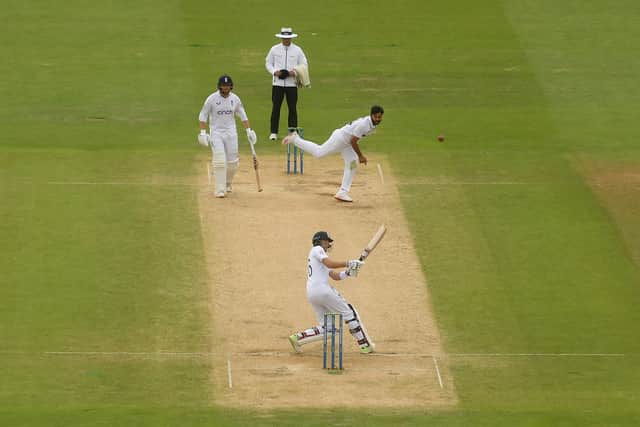 Joe Root of England scoops Shardul Thakur of India for six  during Day Five of the Fifth LV=Insurance Test Match at Edgbaston on July 05, 2022 in Birmingham, England.