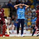 Jamie Overton of England reacts after bowling during the 3rd One Day International between the West Indies and England at Kensington Oval on November 06, 2024 in Bridgetown, Barbados.