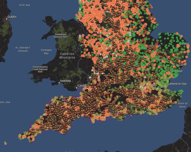 Live map shows areas of recent sewage spills in England.