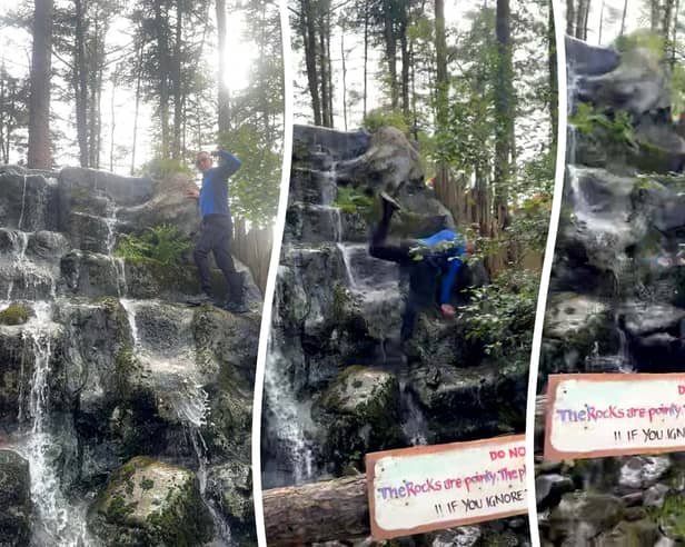 Matt Horsfall, 39, scaled the rocks forming the waterfall at Dockber Farm near Sawley in Lancashire when he was attending the Beat-Herder music festival. He ignored a 'do not enter' sign which warned of "sharp rocks" and said the "water is poison" to pose for a video