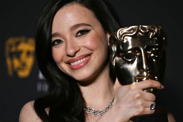 US actress Mikey Madison poses with the award for Best leading actress for "Anora" during the BAFTA British Academy Film Awards ceremony at the Royal Festival Hall, Southbank Centre, in London, on February 16, 2025.