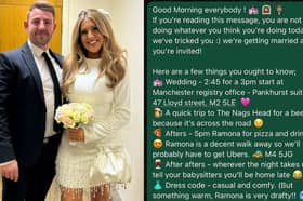 Couple surprise wedding guests with WhatsApp invite on the day.