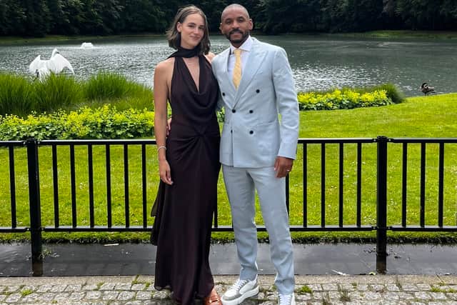 Julie Herman with footballer husband Shrewsbury Town midfielder, Funso Ojo.