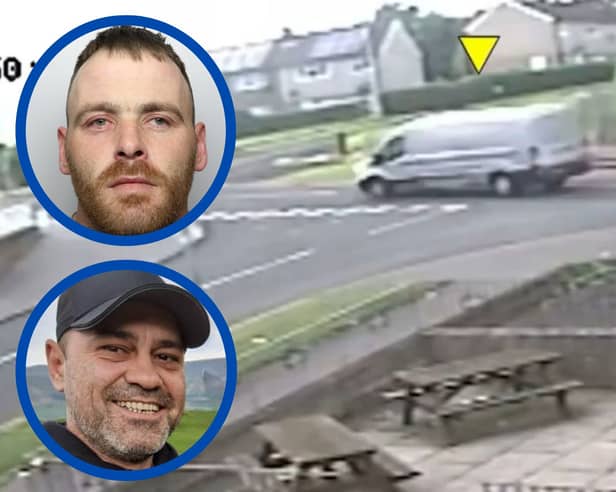 Ross (pictured top inset) was found guilty of murder after  purposely crashing into a parked car to kill Claudiu-Carol Kondor (pictured bottom inset) who was hanging onto the door of his own van to prevent it from being stolen. 