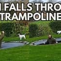 Two images of a man falling through a trampoline