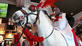Landlord Chris Bracegirdle rides into the Bloomfield Brewhouse on horseback for St Georges Day.