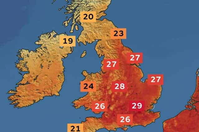 Met Office weather map for Thursday (May 1) shows high temperatures forecast.