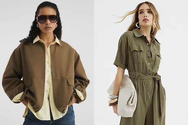 River Island Beige Utility Collarless Bomber Jacket £59 and Khaki Belted Utility Jumpsuit £56