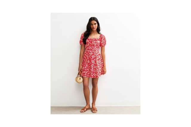 New Look Red Crinkle Jersey Floral Print Milkmaid Mini Dress £19.99