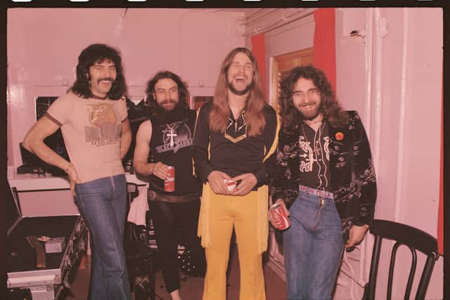 Black Sabbath backstage before performing at London Music Festival '73 at Alexandra Palace, London, 2nd August 1973. L-R Tony Iommi, Bill Ward, Ozzy Osbourne, Geezer Butler.