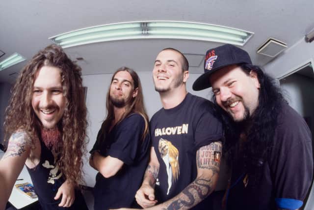 Pantera, group portrait during interview session, Tokyo, Japan, 14 June 1992. L-R Dimebag Darrell, Rex Brown, Phil Anselmo, Vinnie Paul.