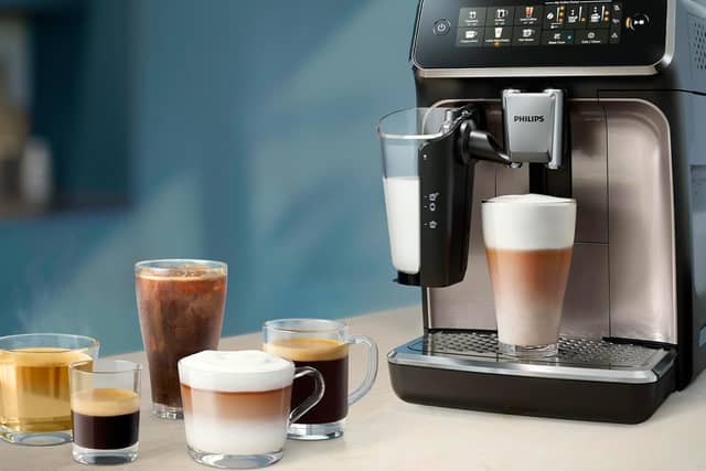 The Philips 3300 Series uses a ceramic grinder and LatteGo milk system to prepare six hot and iced coffee options
