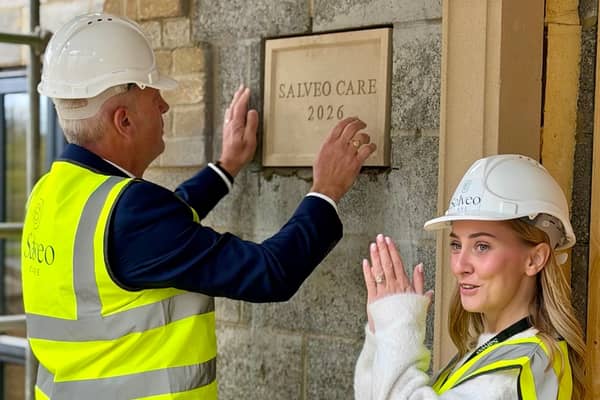 Peter Evans, Chief Executive Officer of Salveo Care, and Grace Holland, Managing Director of Salveo Care, laying one of two stones at Wendover Manor care home. 