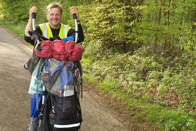 Tom Fremantle with his hiking trailer, KOKO