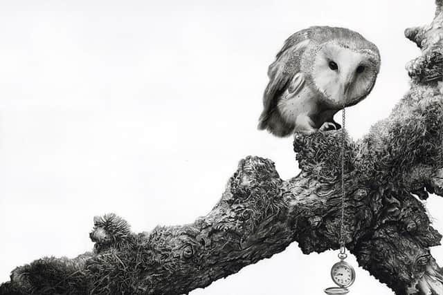 The drawing "Time Keeper" features Luna, a personal friend of Becky's who happens to be an owl. She’s an excellent model, although apparently pretty bad at conversation.