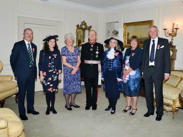 The five BEM recipients with Sir Henry Aubrey-Fletcher and High Sheriff Julia Upton