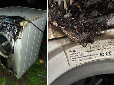 The washing machine after it caught fire in Milton Keynes